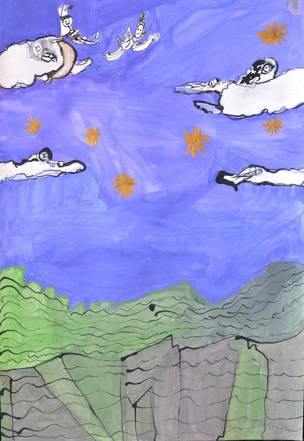 Within this vertical composition, a blue and violet sky with six golden stars, four white clouds and six angelic figures sits above green and gray mountainous terrain and a steep cliffside.
