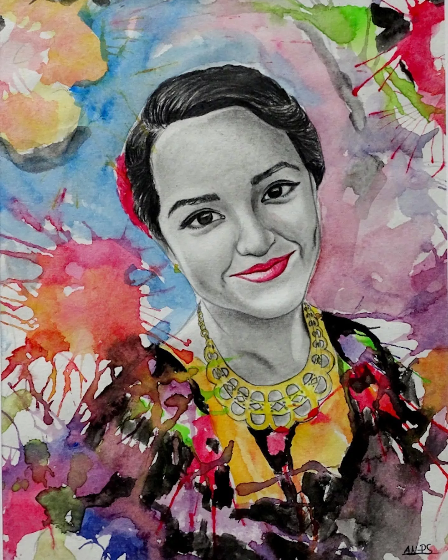 A portrait of a Latina. Her head is depicted in black and white with red lips. Her black hair is swept back by a partially visable red flower. She is wearing a black dress with a yellow front and a large gold necklace with white stones.