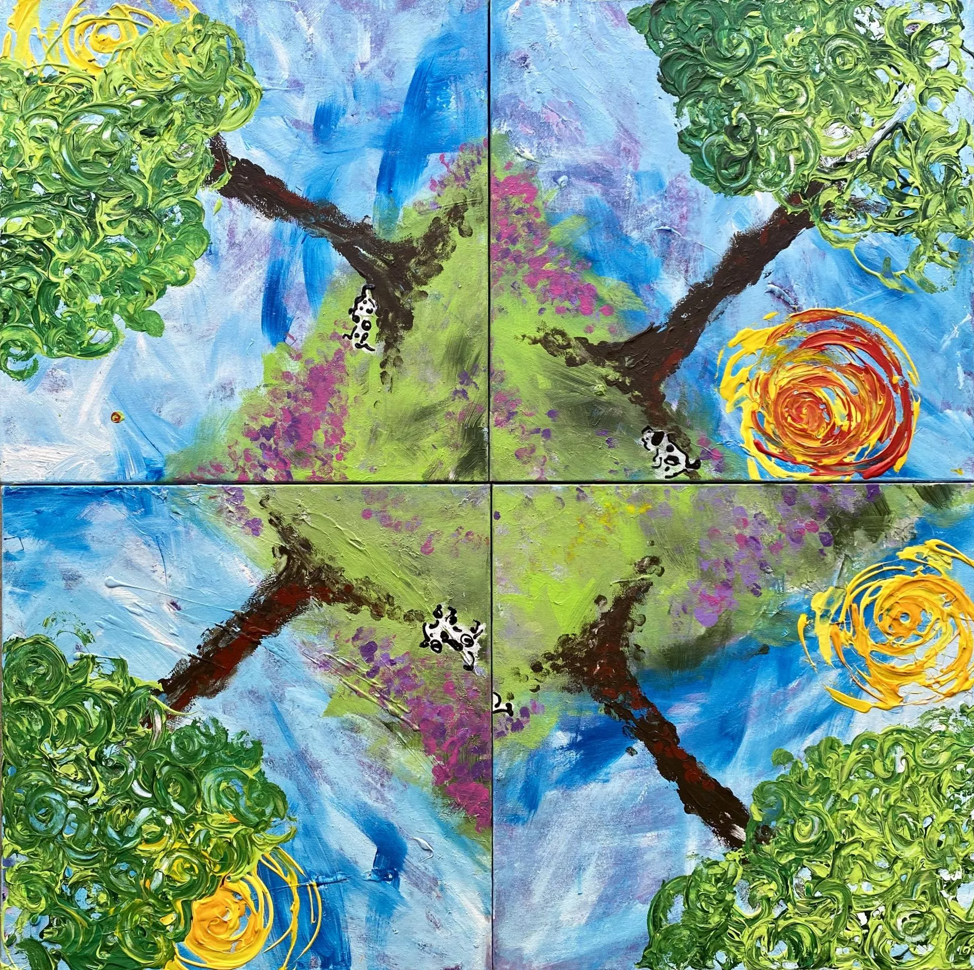 A work is made up of four quadrants in movement, showing the same tree with a dark brown truck and swirling green foliage. Each quadrant has a swirling sun at a different time of the day. It represents a beautiful and happy day somewhere.