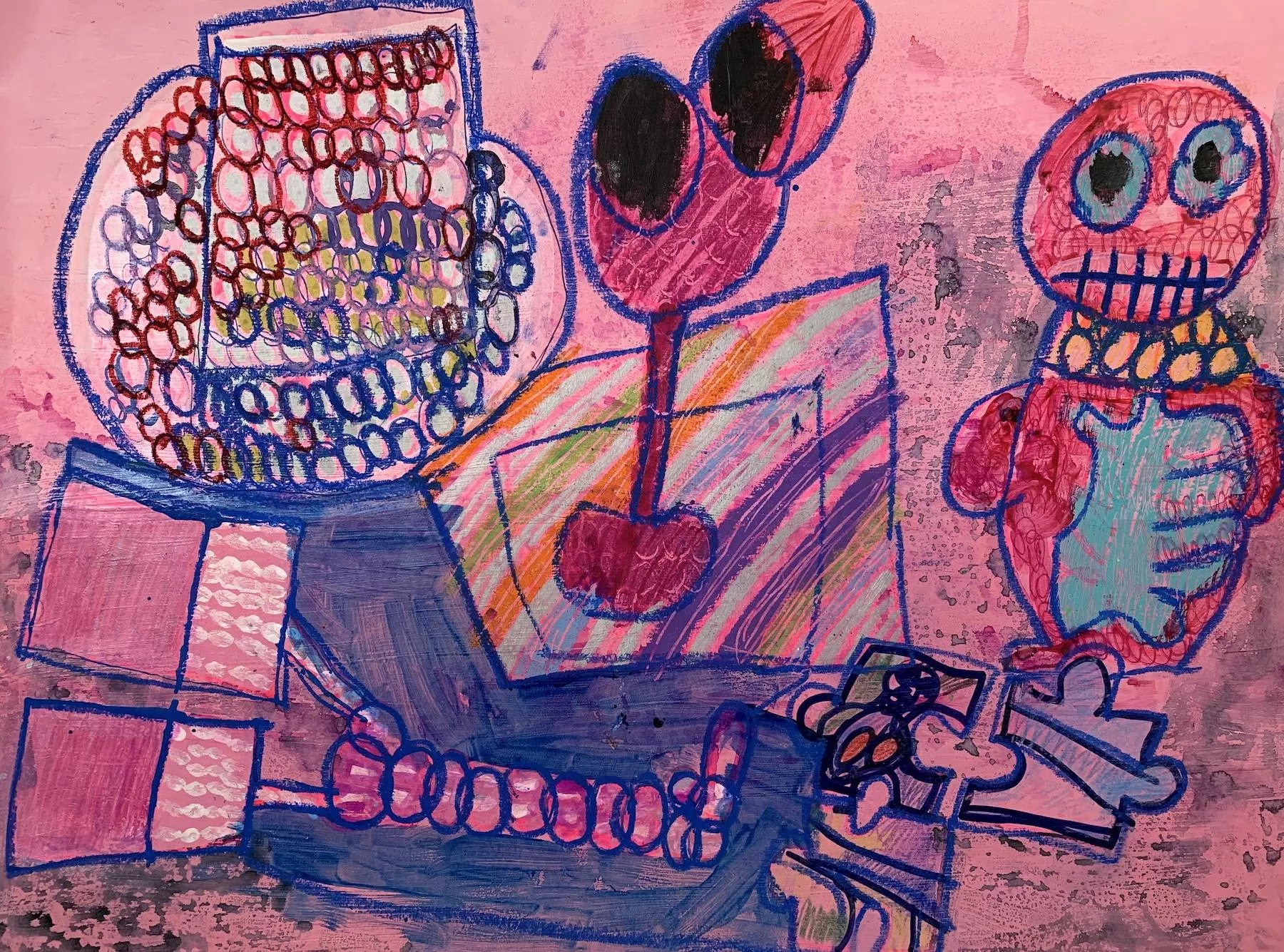 Multiple objects and a small singular figure on the right sit in the foreground of an expansive pink pictureplane. Heavy texture and a combination of both geometric and organic shapes are used to make up the forms featured in the artwork.