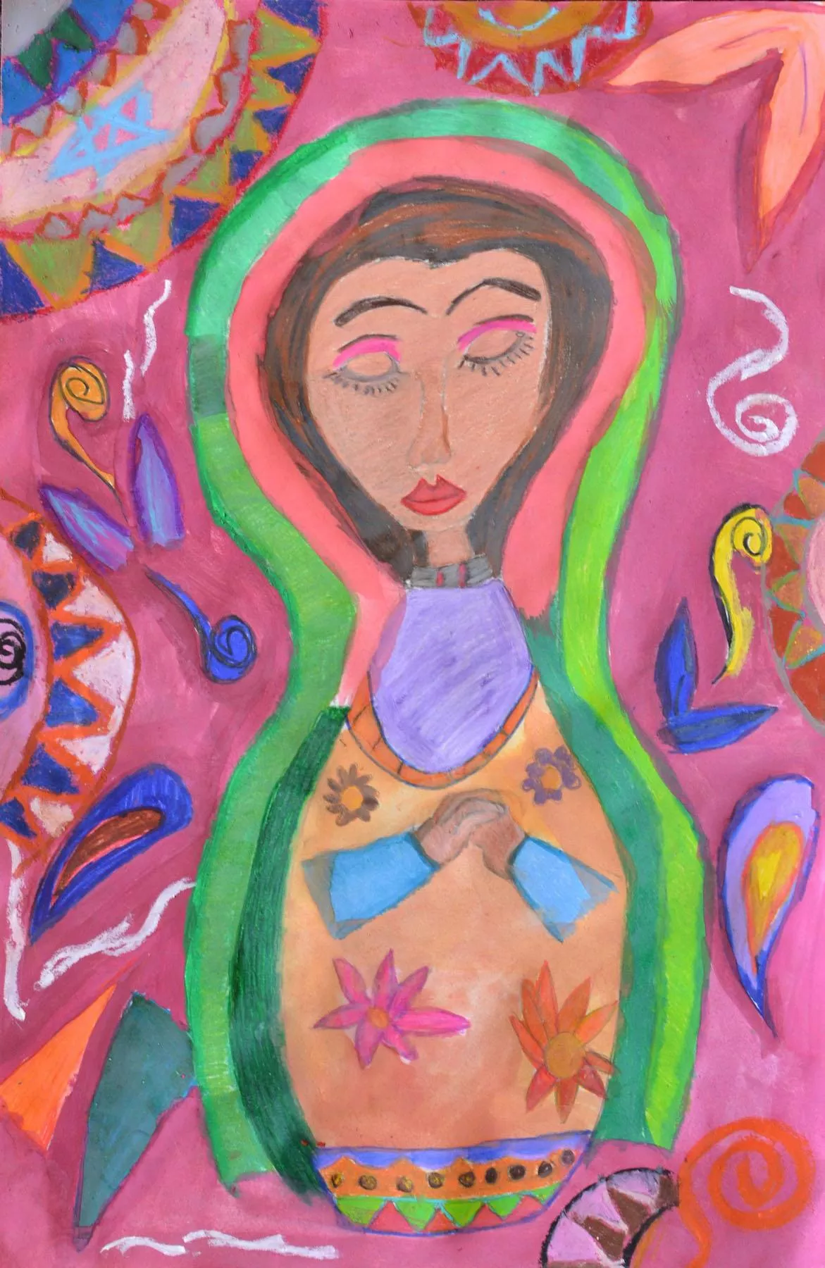 A peanut shaped doll figure, eyes closed and hands together, painted to appear wrapped in a green cloak, sits in the foreground surrounded by a magenta expanse filled with colorful flora & colorfully patterned objects that float around the central figure.