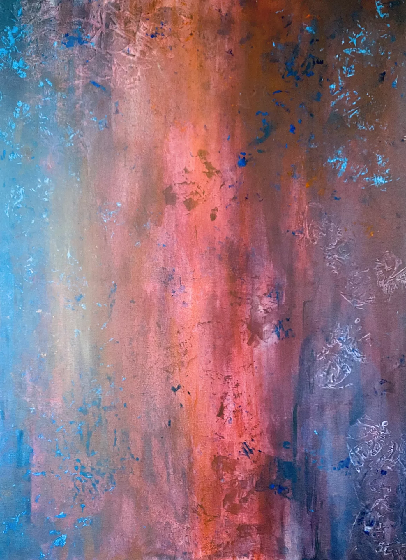 This piece is a dance of vertical, bright but washed-out colors ranging from sky blue, pinks and oranges, to darker blues and purples. Scattered colors move across the piece.