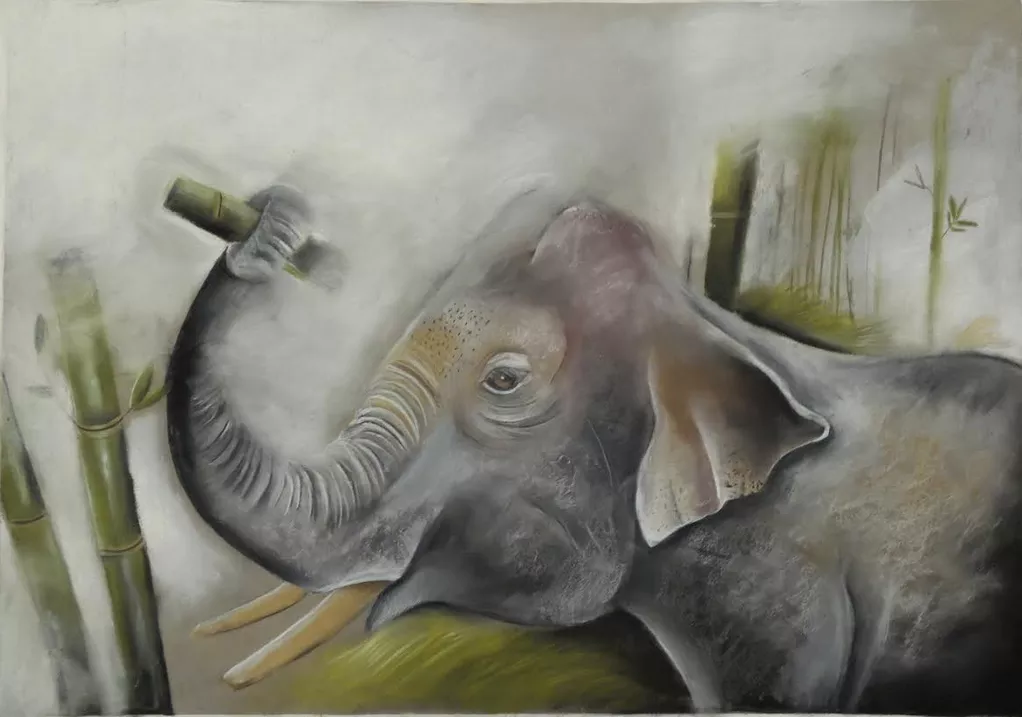 In a fog filled bamboo forest, the work centers on soft profile of an elephant holding a piece of green bamboo aloft in it's trunk.