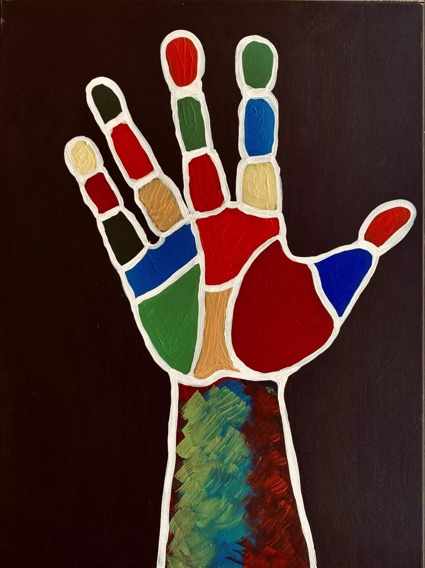 A black background contrasts with the multicolored segments of an open hand that is outlined with a bold white borders. It represents that we are all one and different.