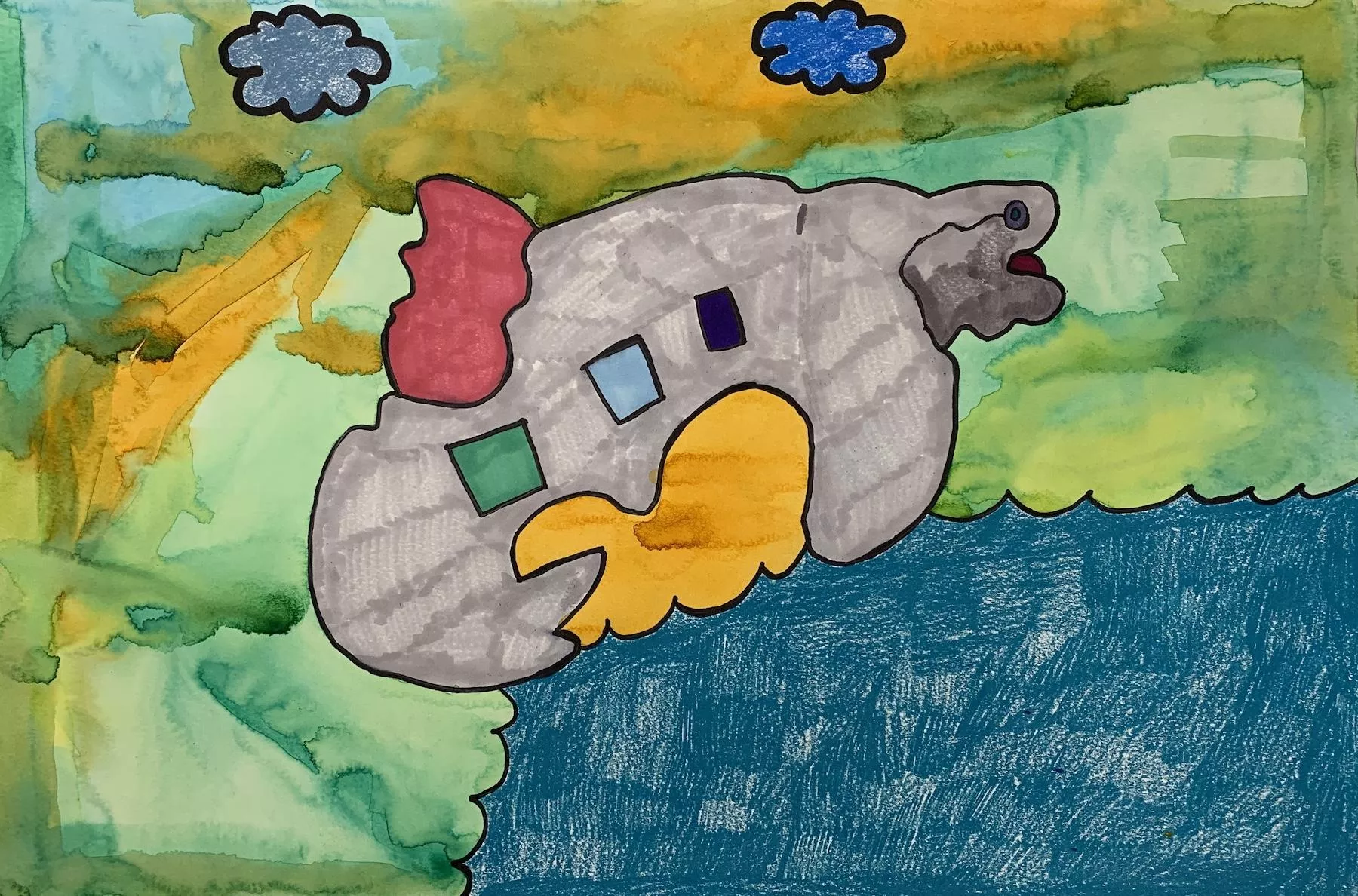 A sky of yellows, greens and blues highlights a gray whale with a red fin as it leaps from a deep blue sea, being left sprawled out across the center of the picture plane, almost coming into contact with the two blue clouds at the top of the piece.