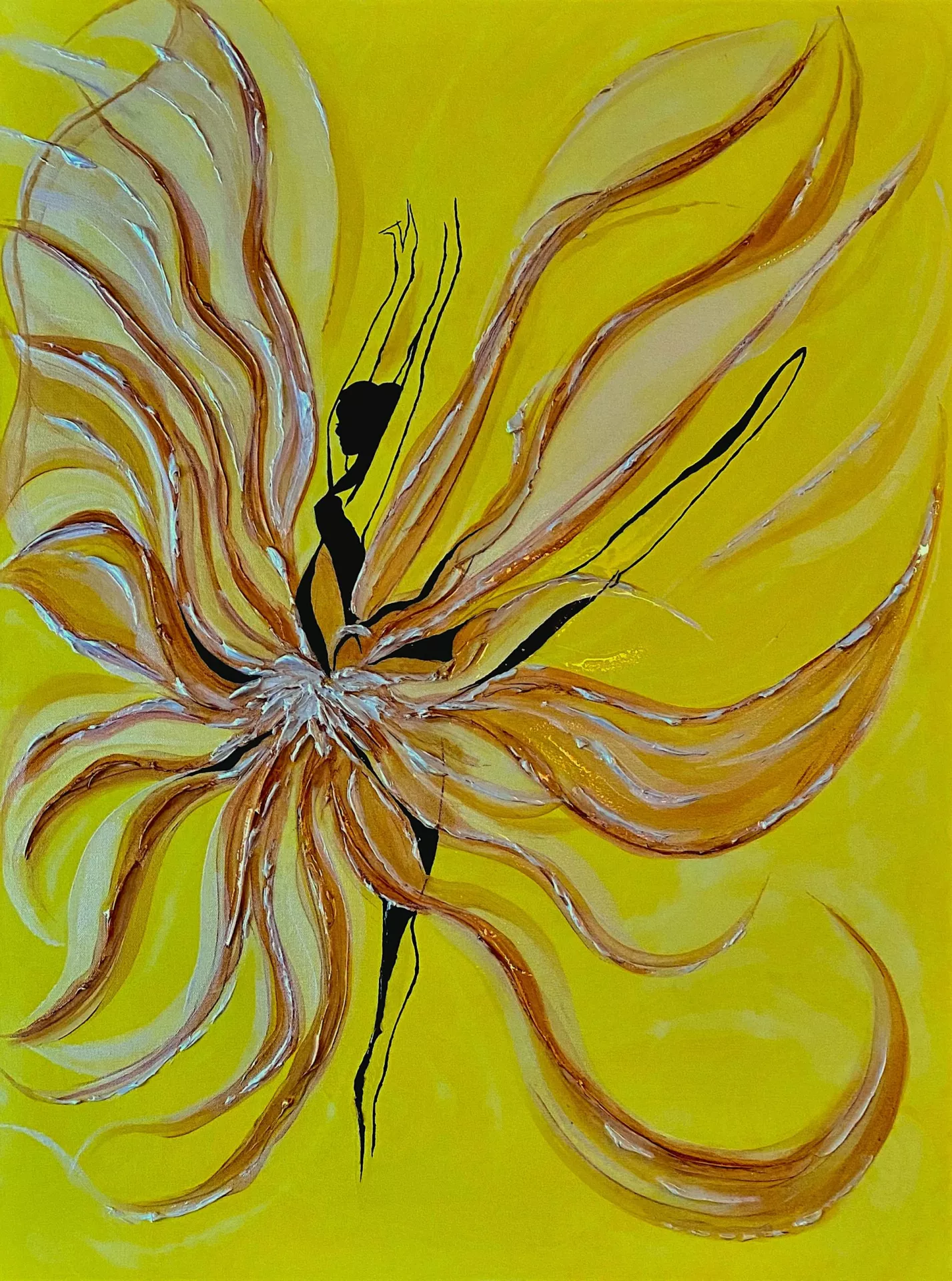 On a saturated lemon yellow background the black-lined figure of a dancer leaps across the canvas with her arms raised high. The long petals pieces of her skirt fly around her floating and curling into every corner.