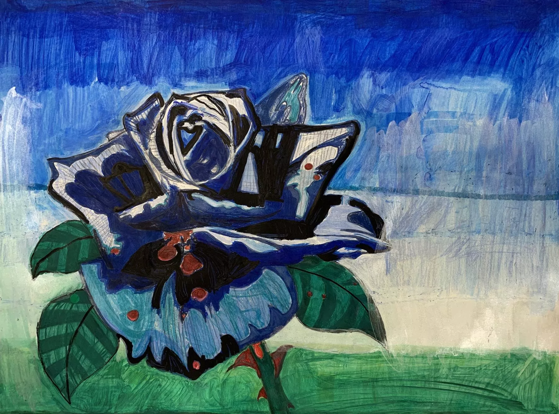 alt="A blue rose-like flower with three green, striped leaves and a thorny stem is located center-left in the foreground, displayed before a top to bottom background fading from blue to white to green."