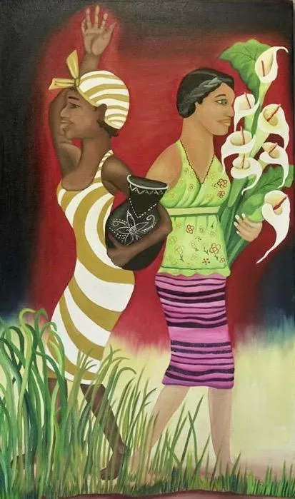 Two Black women. A dark-skinned with her head wrapped in matching cloth to her yellow and white lined dress carries a black jug in one arm. Other woman is medium-skinned in a green flowered tank and purple striped skirt carrying an armful of calla lilies.