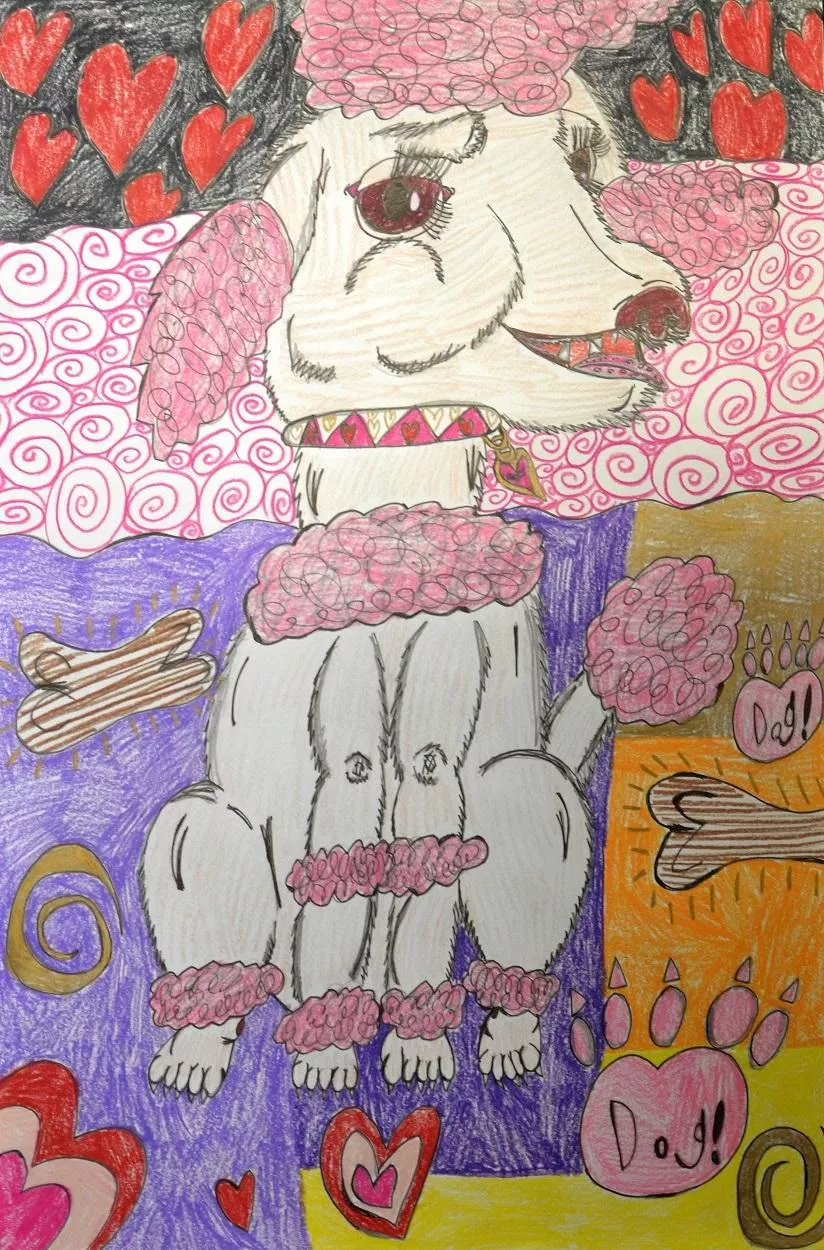 Artwork of a pink curly haired dog named a poodle. The dog sits in the middle of the drawing, surrounded by paw prints and dog treats in a bone shapes.