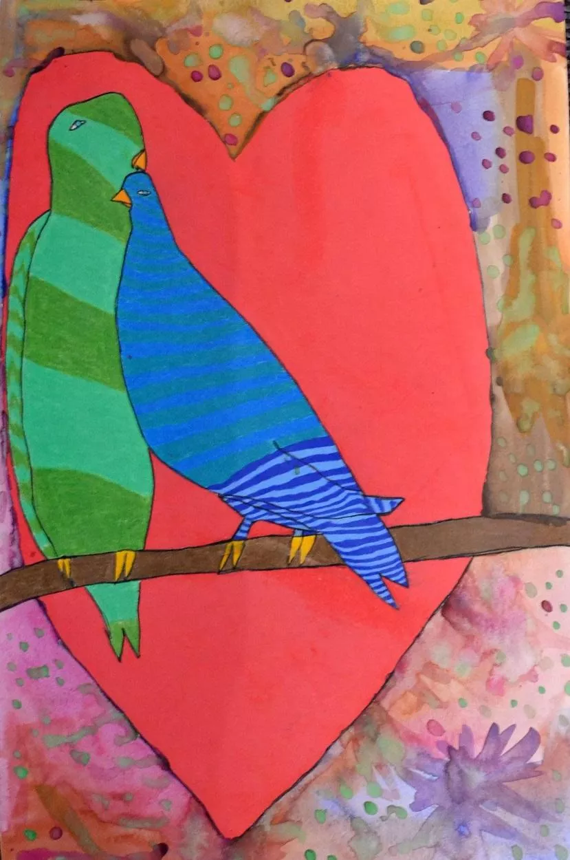Artwork of two love birds, in green and blue. They have stripes on both to show patterns in them. They are sitting on a branch with a large heart in the background, because they are in love!