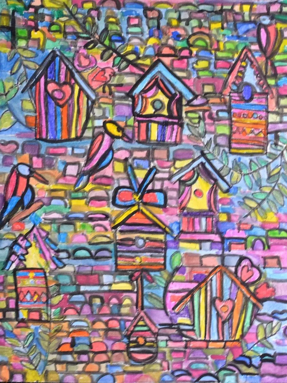 Artwork of different colors: pink, yellow, blue, green, and orange geometric patterns filling the page. Watercolor fills birds, their houses, flowers, branches with leaves, hearts, squares and stripe designs