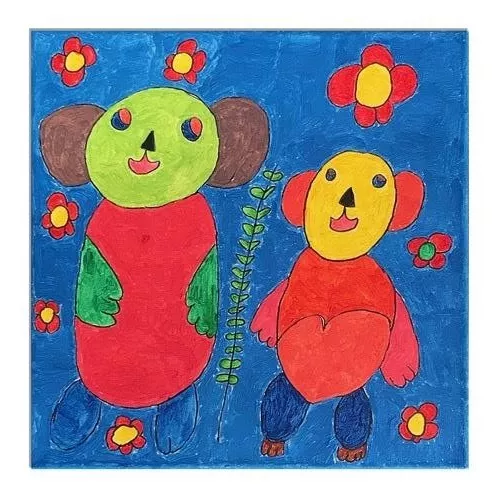 Two stylized teddy bear-like characters nearly fill the composition.  One form is slightly larger than the other.  They are surrounded by floating small red flowers and a bright blue background.  They are both smiling. Each figure is painted in multiple contrasting colors; a lime green face, red body, dark green arms on one, and hues of orange on the other.