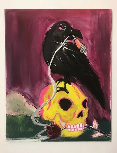A raven sits atop a skull.  The blackbird has small pink eyes and carries a small orange microphone in its beak.  The skull is yellow and is outlined in pink.  It holds a single dark red rose in its teeth.  The skull rests near a rock on dark green grass.  The background is a similar dark red as the rose but painted looser and lighter around the raven’s body.