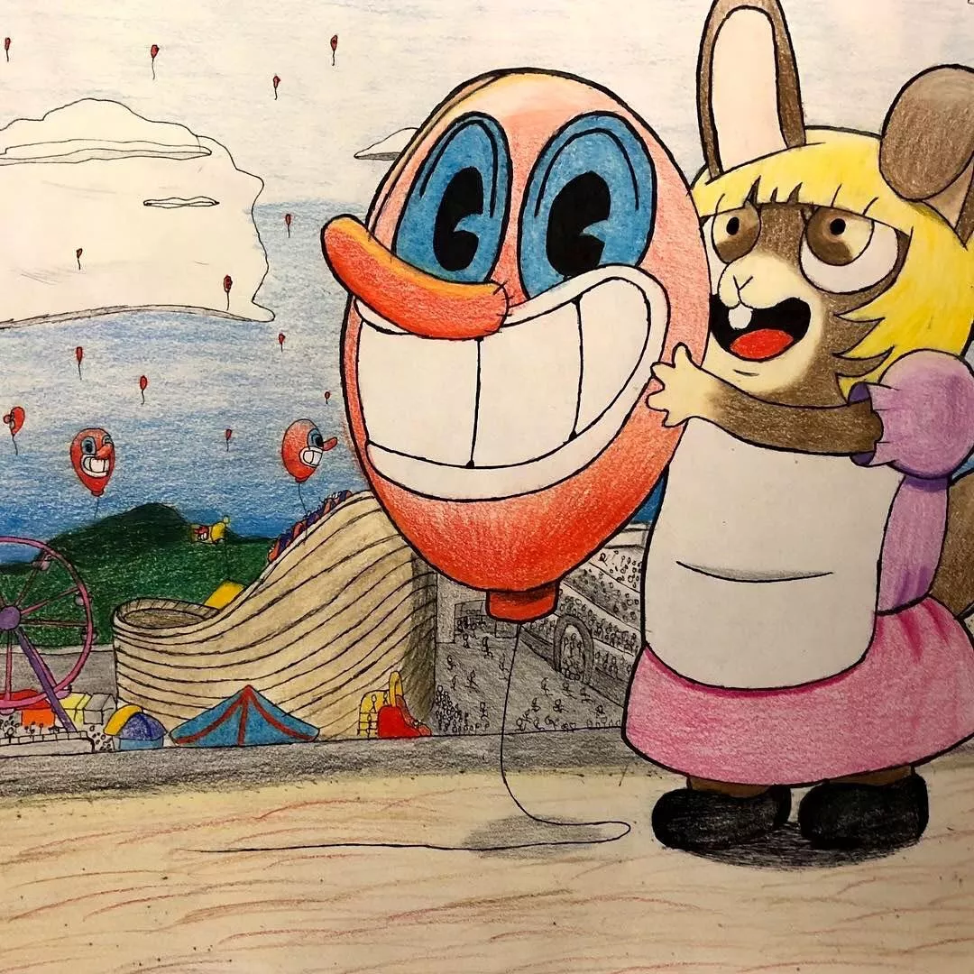 A large brown rabbit in a pink dress with blonde hair holding a smiling balloon.  The character is wide-eyed as if ready to let go of the clown-like balloon.  The background shows a landscape with a circus in the valley below, with tiny smiling balloons dotting the sky.  This beautifully hand-drawn scene shows the artist’s skill in shading with colored pencil and outlining sharp contour with an ink pen.