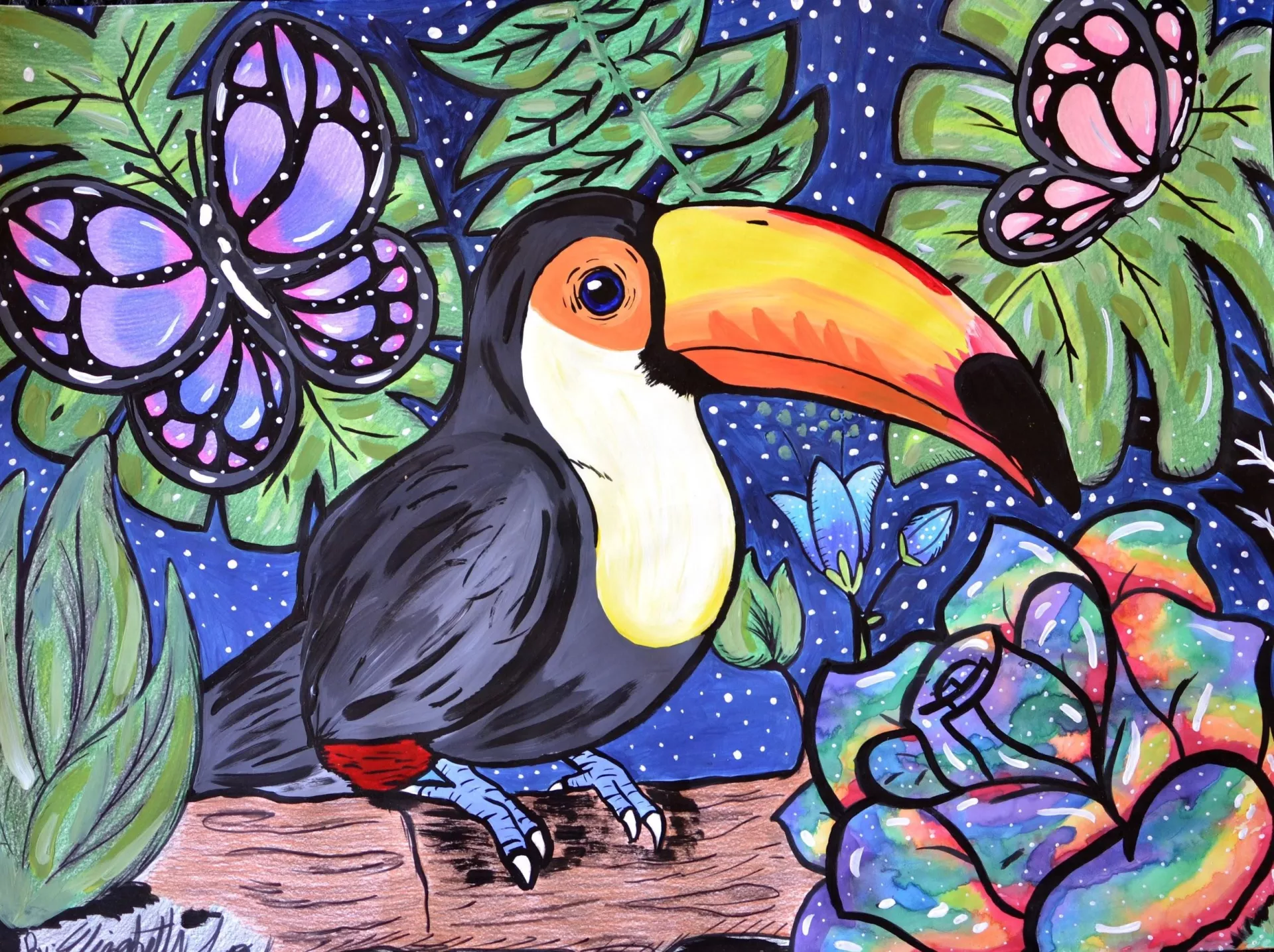 A brightly painted larger-than-life Toucan is the emphasis of this piece.  It sits perched on a log surrounded by foliage, flowers, butterflies, and a night sky full of stars.  Elizabeth used watercolors to blend vibrant hues, using a brush to add highlights and lowlights and colored pencils to layer color and texture onto these natural forms.