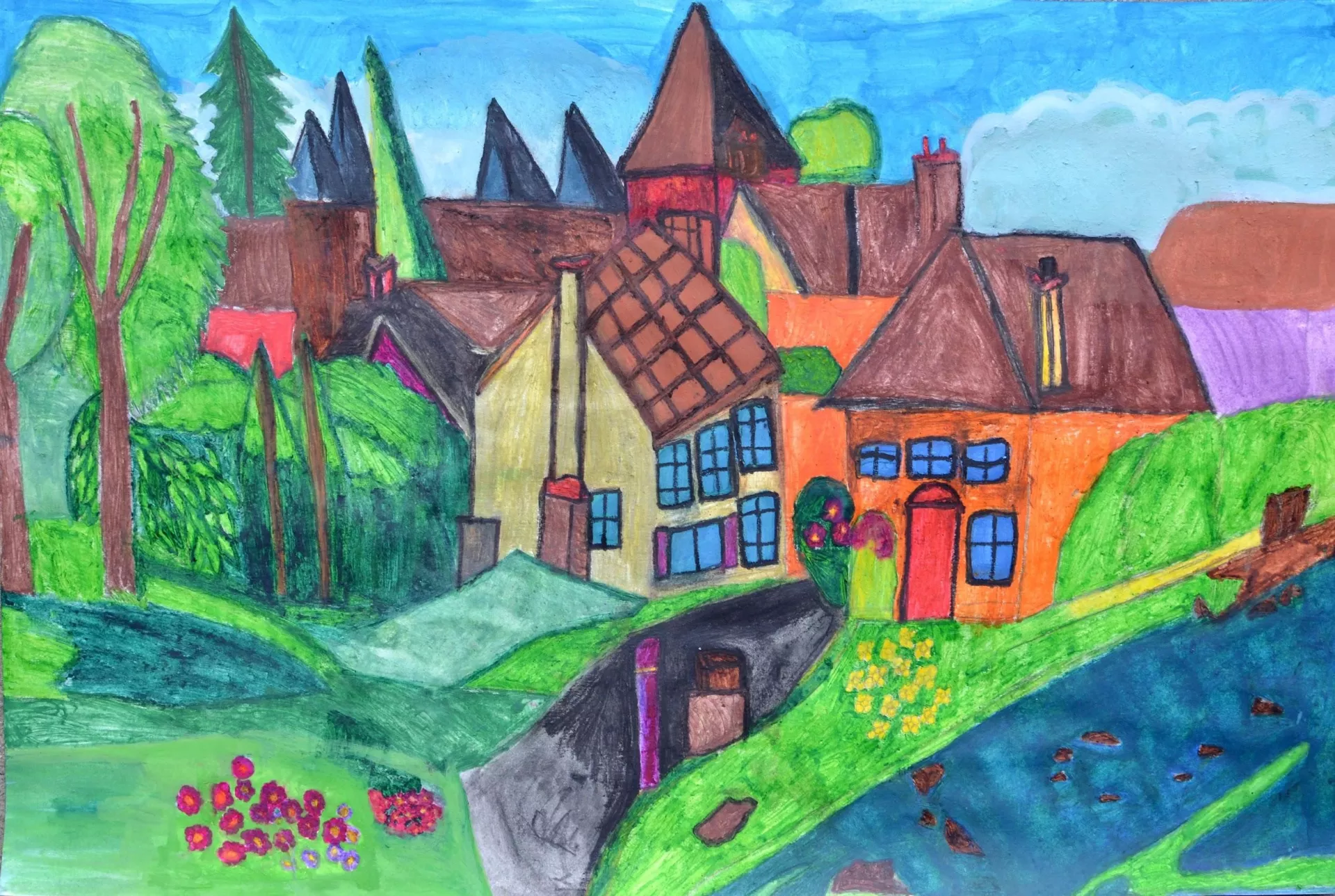 In the center of the picture lies a village with rooftops peeking through the trees and windows reflecting the blue sky. The surrounding landscape has a variety of trees and bushes, rolling hills and paths, with speckled flowers in the foreground. Jackie enjoys using Architectural Digest for inspiration and accentuates elements with bright pops of color.