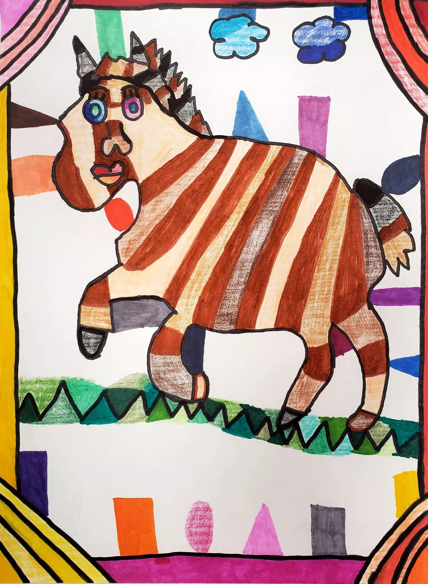 A whimsical zebra with vertical brown, gray, and cream striped markings prances through a field with colorful, abstract geometric shapes within a border design. 