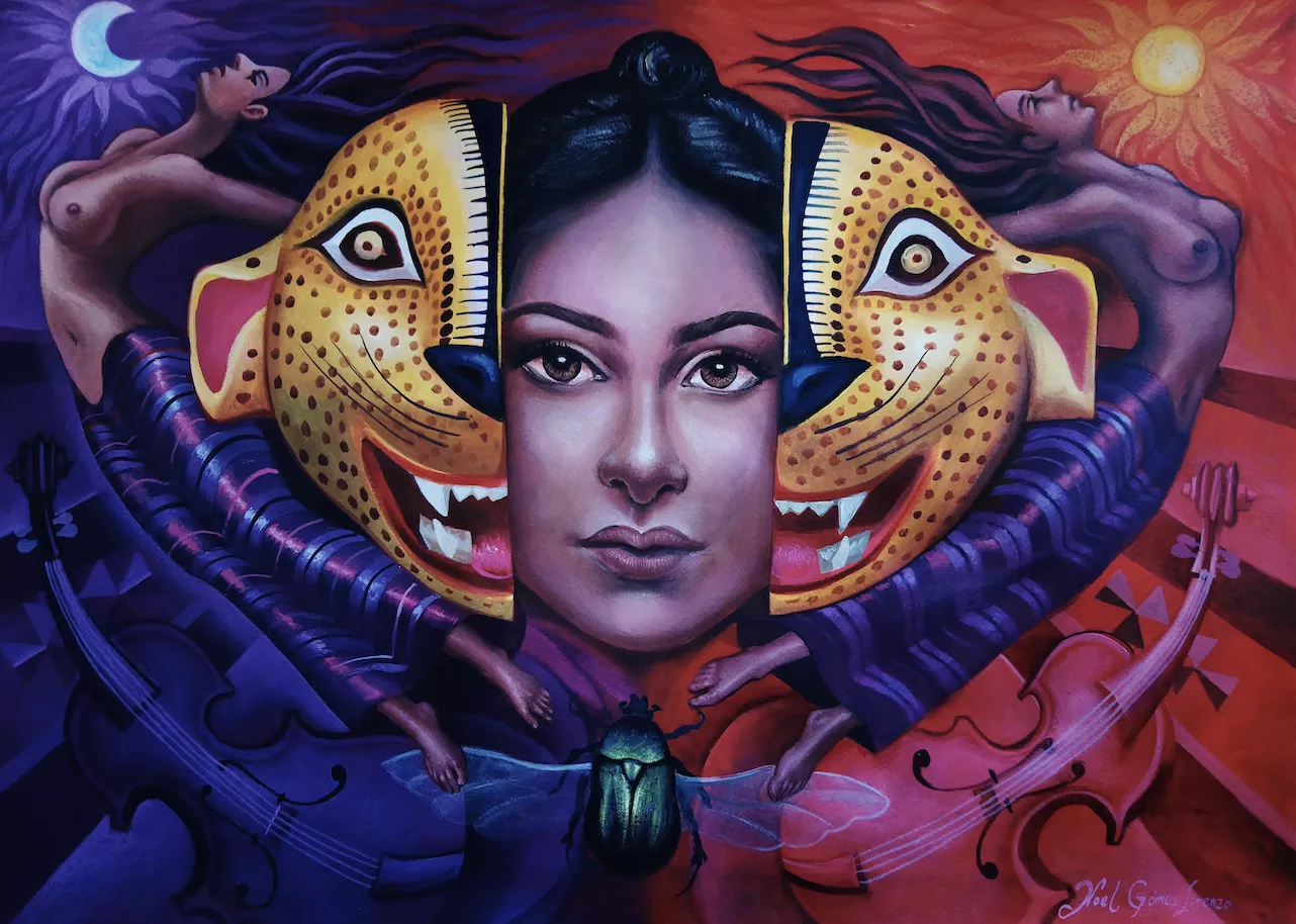 A light-skinned Latina woman’s face is being revealed as a yellow jaguar mask parts in the middle framed violins and by bare-chested female figures in long skirts in a variety of purple shades.  A green beetle with wings extended hovers in flight below the woman’s face.  The left side of the work depicts the night with the white crescent moon, dark blues, and purples.  The right side depicts the day with a yellow sun and reds and pinks.