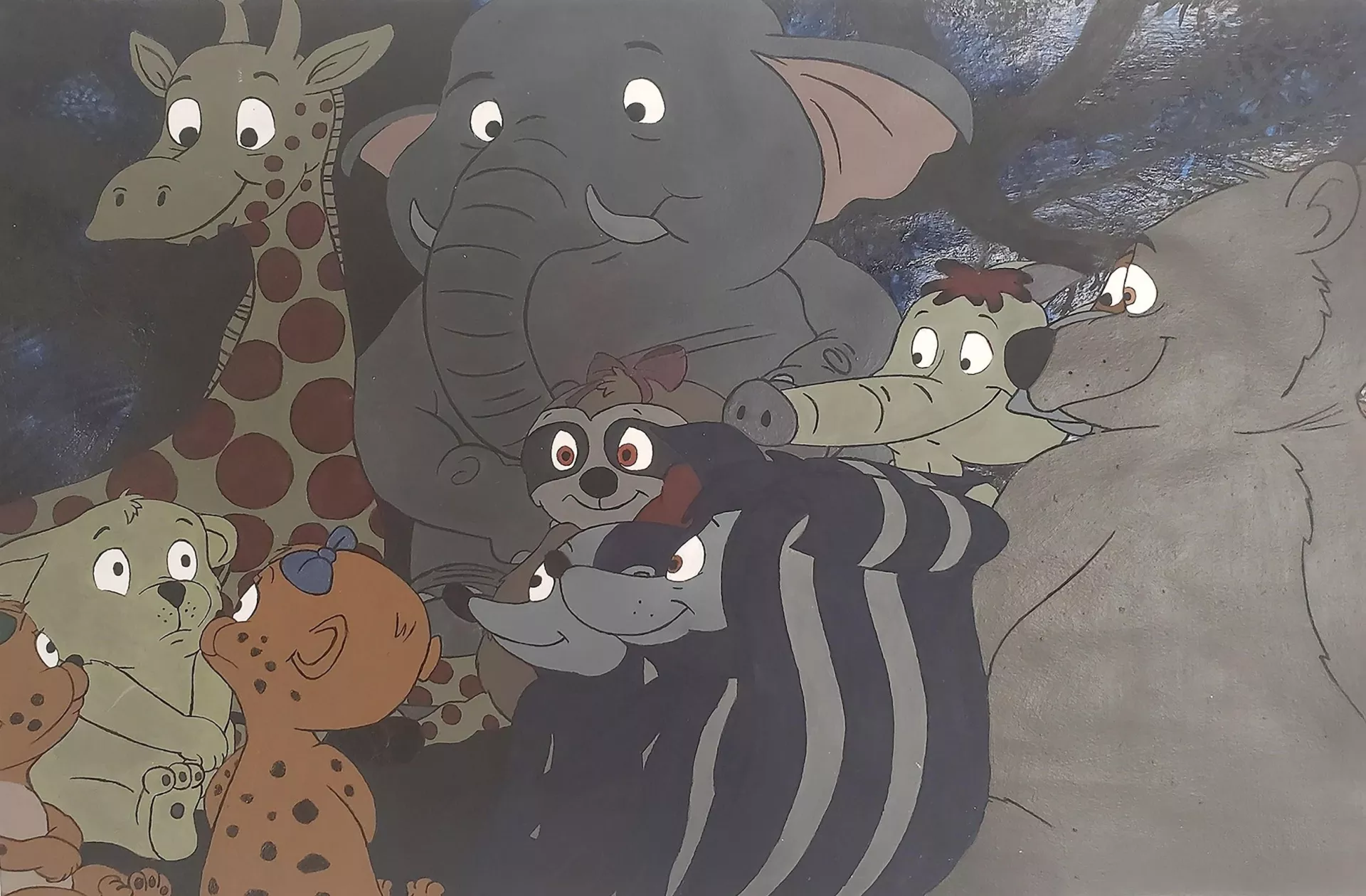 An inspired reimagining from an episode of the radio show “Louis Lion” in which various animals gather at night around Louis the lion as he tells a story.  The whites of the animal’s eyes are wide-eyed as they listen to the story.