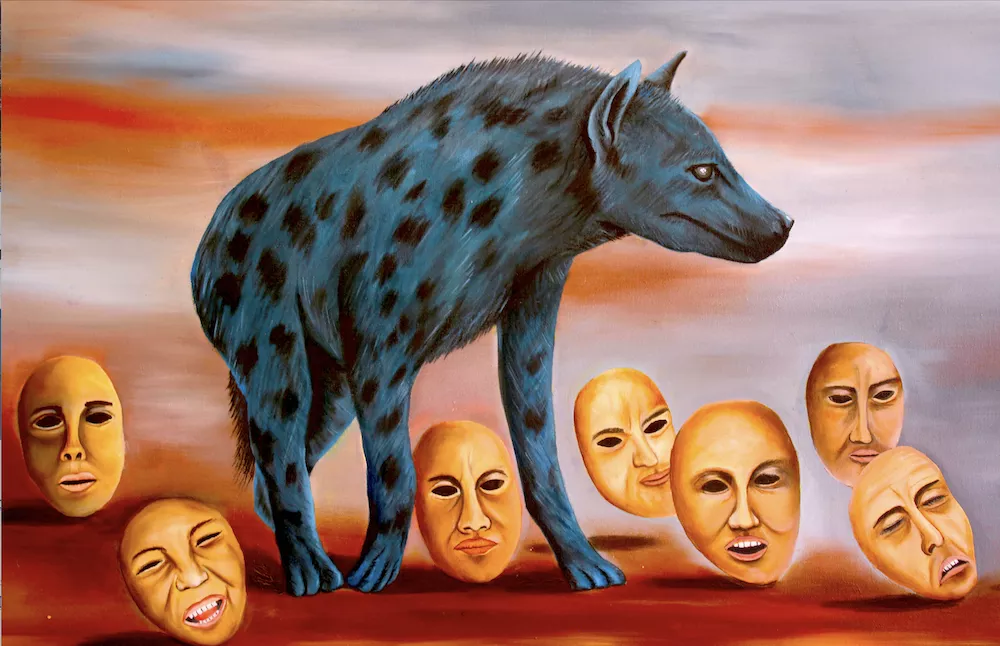 A profile of a blue hyena with black spots stands on a red ground.  At the hyena’s feet, there are faces like masks looking forward.