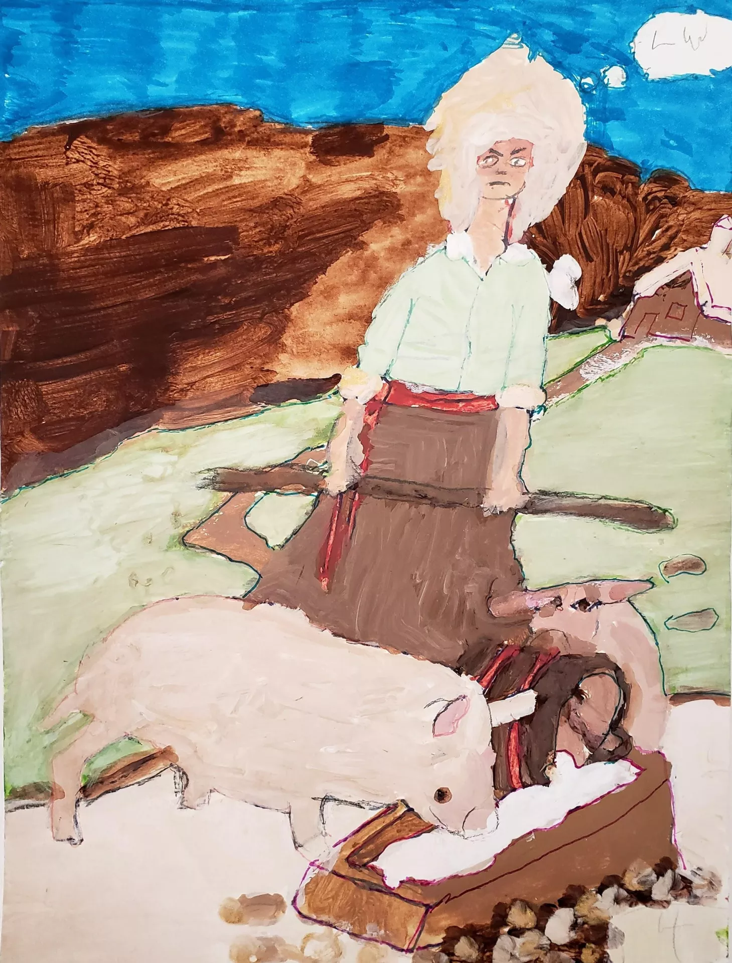Terra uses fluid movement in her painting with the masterful use of contrasting accents.  This is an image of a woman feeding the pigs on her farm.  She is wearing a white blouse and a brown skirt.  The pig is eating from a trough.  This is an artwork from Her "Pig Book."