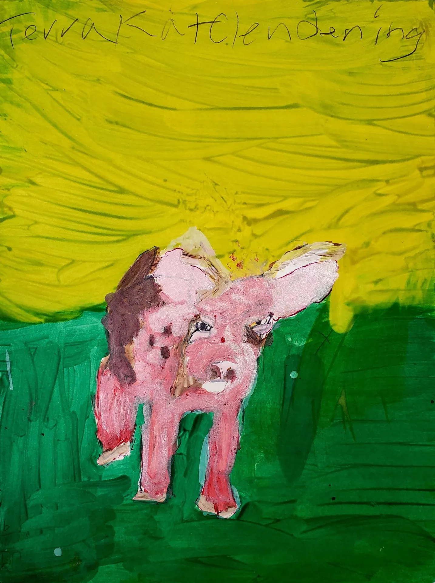 Terra used analogous colors of green and yellow with accent colors of pink and red.  This image depicts a piglet alone in a landscape.  This is an image from her "Pig Book."