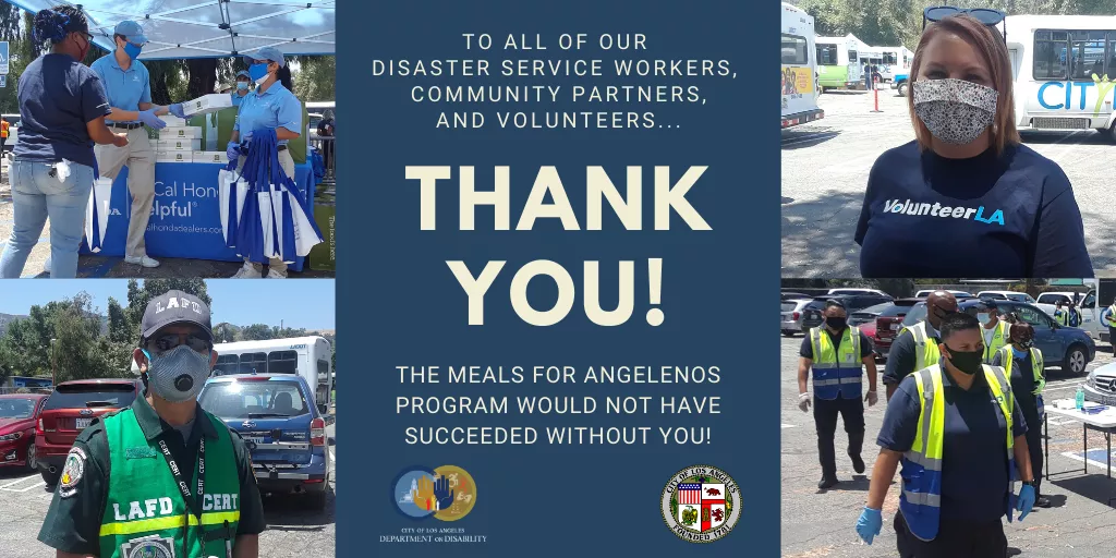 Collage of Disaster Service Workers, Community Partners and Volunteers working hard for the Meals for Angelenos with Disabilities Program.