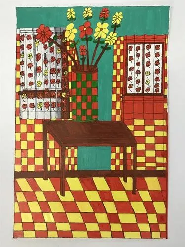 A vase full of red and yellow flowers sits on a table in between two windows.  The table is at the center of the painting.  The background wall is painted partially a teal green.  Other sections of the wall copy the floor in a yellow and red checkered pattern.  The curtains have a lined pattern of flowers similar to the ones in the vase.  The vase is decorated in a red and dark green checkered pattern.