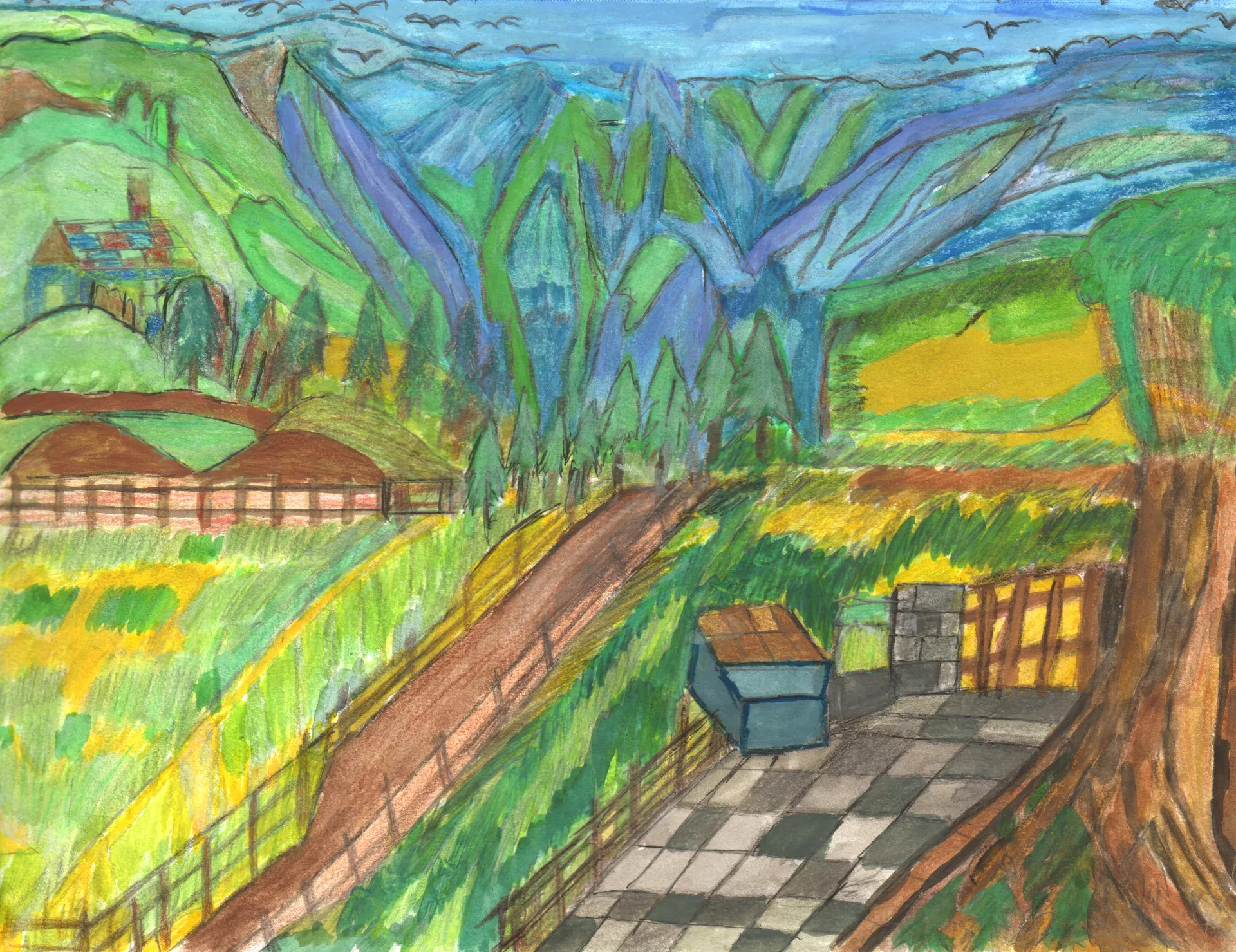 Gino Limjoco Morning Sunrise, 2022 A luscious green landscape with hills, a road, fences, and small buildings.  Mixed media on paper, 9" x 12"