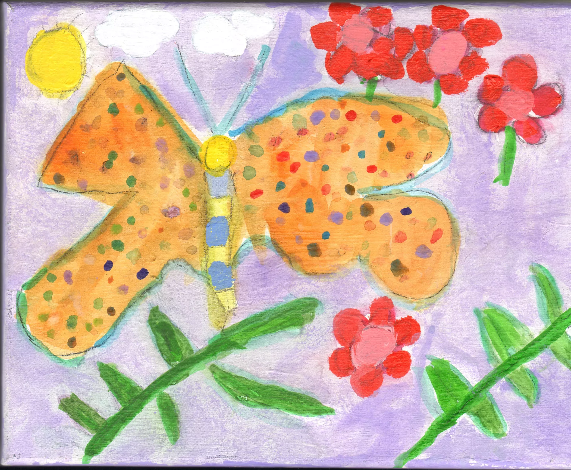 Michael Bleviss Butterflyland, 2022 An orange butterfly, red flowers, green leaves with stems, and a yellow sun against a purple background.  Mixed media on canvas, 8"x10"