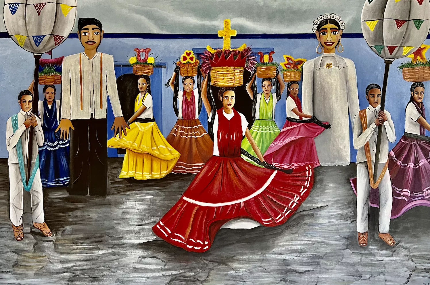Angel Pacheco Soriano Calinda Oaxaquena (Oaxacan Folk Dance), 2022  Oils on canvas  The piece depicts the traditions and culture of Oaxaca, Mexico. Women dance in formation with baskets on their heads. Men hold paper lanterns. Giant paperpermachie puppets in the shape of a man and a woman are upright amongst the dancers.Oils on canvas