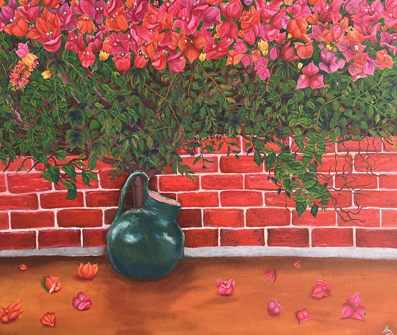Angel Sebastian Lopez C Las Bugambilia de Primavera (Springtime Bugambilias), 2022  Oils on canvas. 50”x60”  The artist's inaugural piece is a dark green rounded ceramic pitcher which sits on the dirt ground where there are scattered blooms in front of a bugambilia trunk. Above a low red brick wall the trunk leads to a layer of lush foliage topped with dark pink blooms.