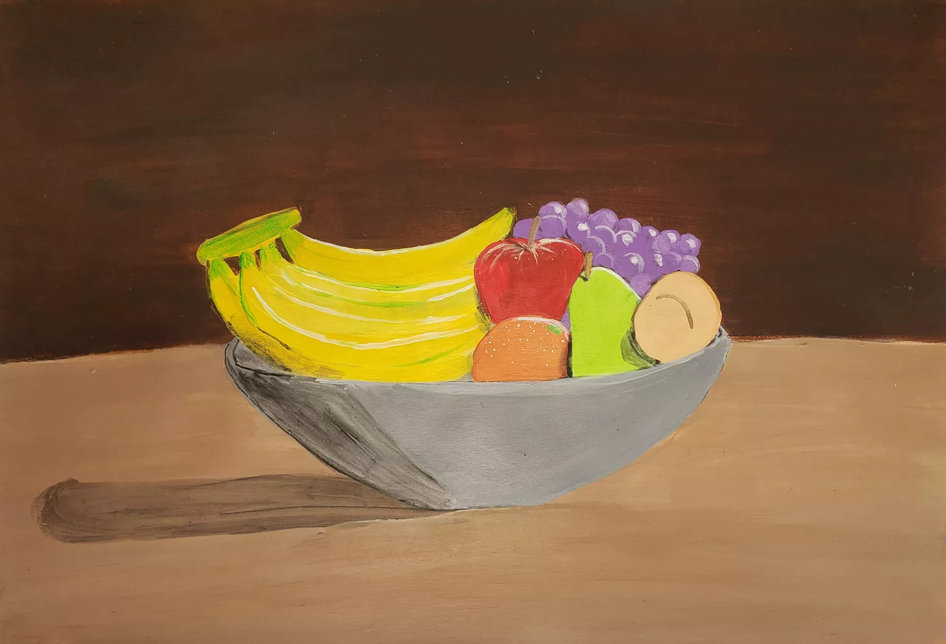 Angel Rodriguez Fruit Bowl, 2018 This still life painting features various fruit in a bowl. The objects have been painted in a way that is simplified, representational, and elegant. The colorful fruit stands out against the gray bowl and the light and dark browns of the background.  Acrylic on paper, 12” x 18”