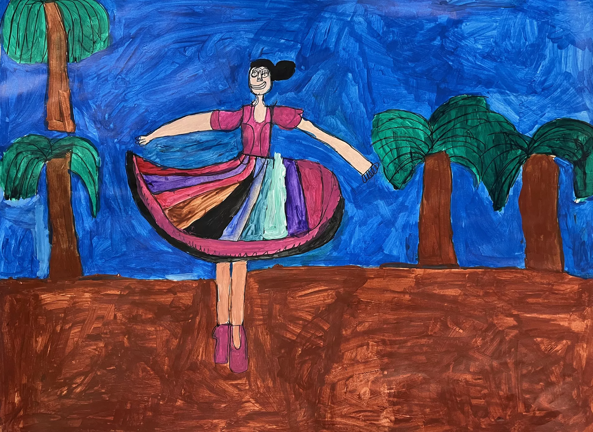 Aracely Ellis Prima Ballerina, 2022 This is a vibrant painting of a dancing ballerina. The ballerina appears to be both still and in motion as her posture is straight and her skirt is flying up and spinning around her. Behind the dancer are four thick palm trees and a dark blue sky.  Acrylic on paper, 18” x 24”