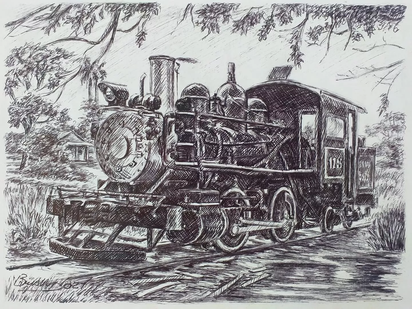 Bryan Estevez Train Collection, 2022  Drafting and pencil  A black and white pencil drawing of a detailed steam engine train. The artist describes the work as an expression of his passion for trains and life.