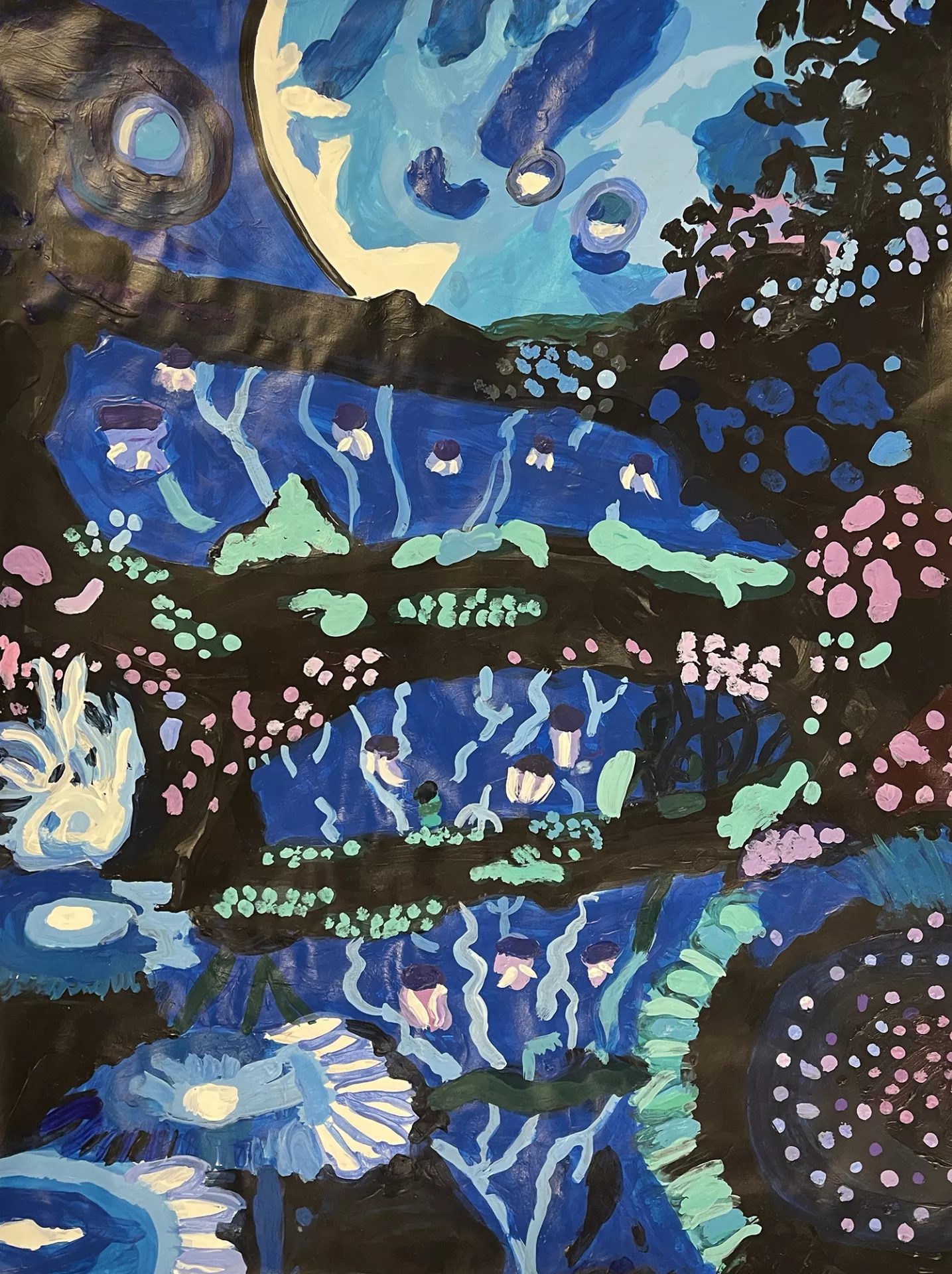 Chloe Isiah Sacred Tree of the Nighttime, 2020 This is a painting done primarily in blues and black. It shows a night scene of watery pools and flowers with a big moon in the sky. The picture has a flattened perspective and depicts everything up close, including the craters on the moon, the reflections in the water, the petals of the flowers, and details of pink and green.  Acrylic on paper, 24” x 18”