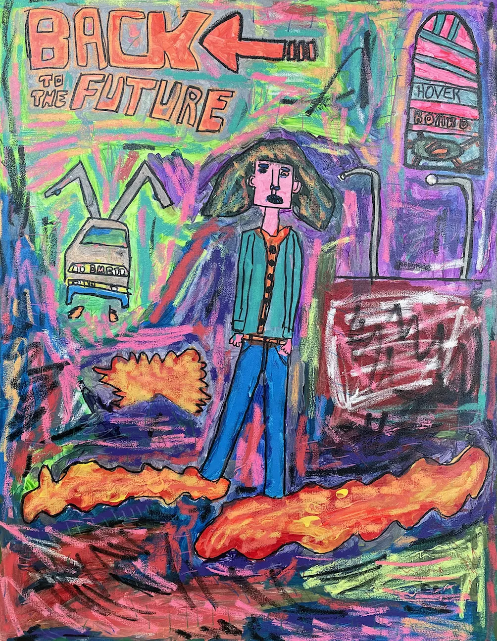 Darran Daughty Back to the Future, 2022 A colorful painting includes Michael J Fox, the DeLorean car, and hoverboard. The painting includes the text Back to the Future.  Mixed media on canvas, 48” x 36”