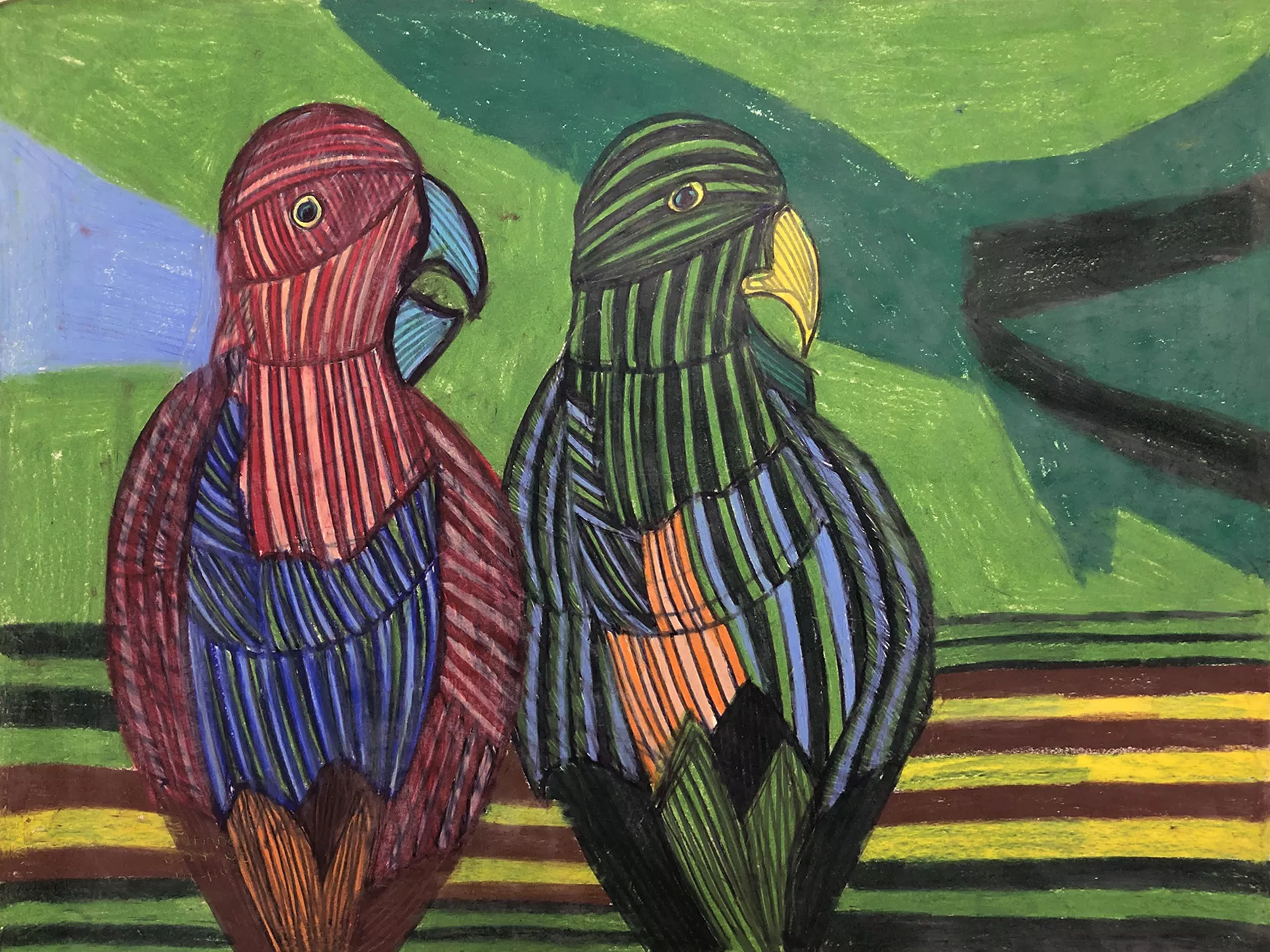 Jonathan Jackson Birds, 2019 This image features two birds sitting side by side. Their heads are turned in profile and their bodies are indicated in sections of striped bands and various colors, including oranges, reds, blues and greens. Against the broad shapes of the background the birds make a striking impression.  Colored pencil and marker on paper, 18” x 24”