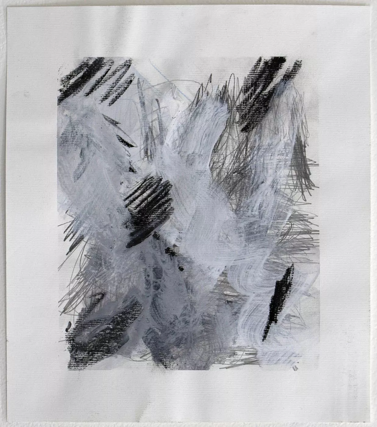 Lara Patt Untitled (Image 2), 2017 Artwork is abstract and includes white, gray and black marks on white paper.  Mixed media on panel, 18” x 14”