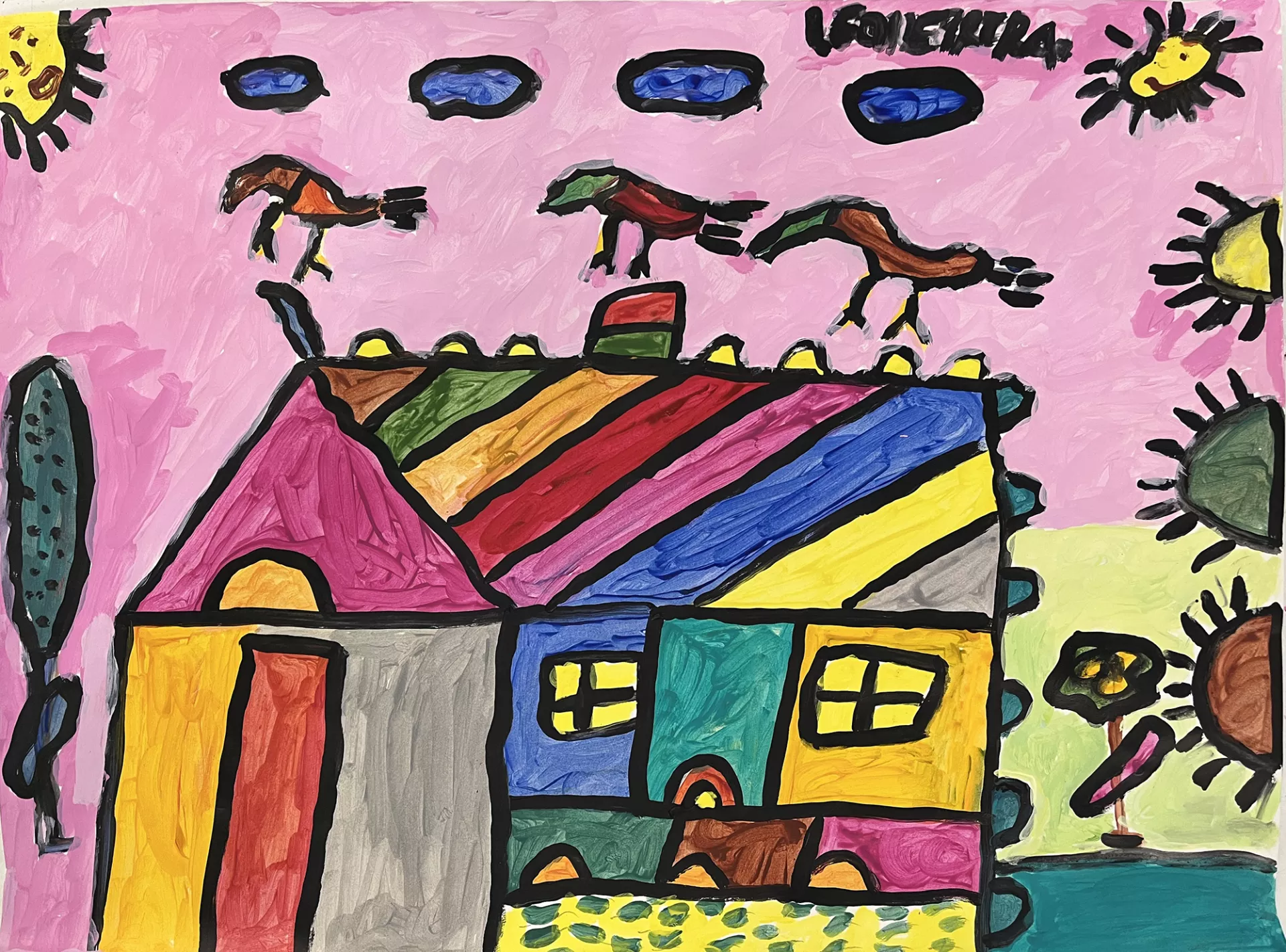 Leo Herrera Untitled, 2022 A colorful house is presented in this painting. The roof is a rainbow of diagonal bands, the walls a patchwork of hues. Around the house in a pink sky there are four blue clouds, three curling birds, two radiating suns with faces, and a big flower.  Acrylic on paper. 18” x 24”