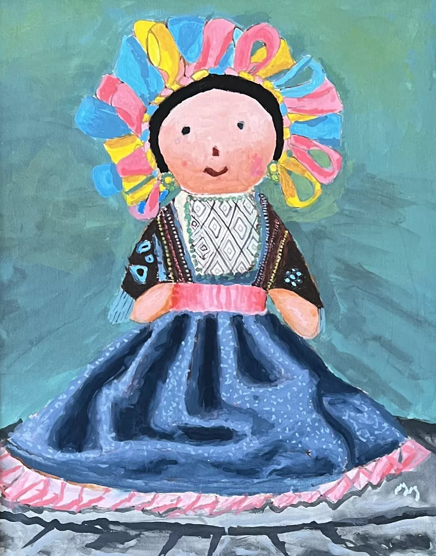 Description of the piece: A little doll that represents happiness and freedom. Artist bio: I paint with my mouth because I can’t do it with another part of my body! My name is Martha Olivas Torres, I am 36 years old, I have a cerebral palsy motor disability, I have two professions: teleinformatics engineering and educational psychology, I continue to update myself with courses and diplomas, I work at the Multiple Attention Center No. 50 of Special Education as a computer teacher, I also receive private phys