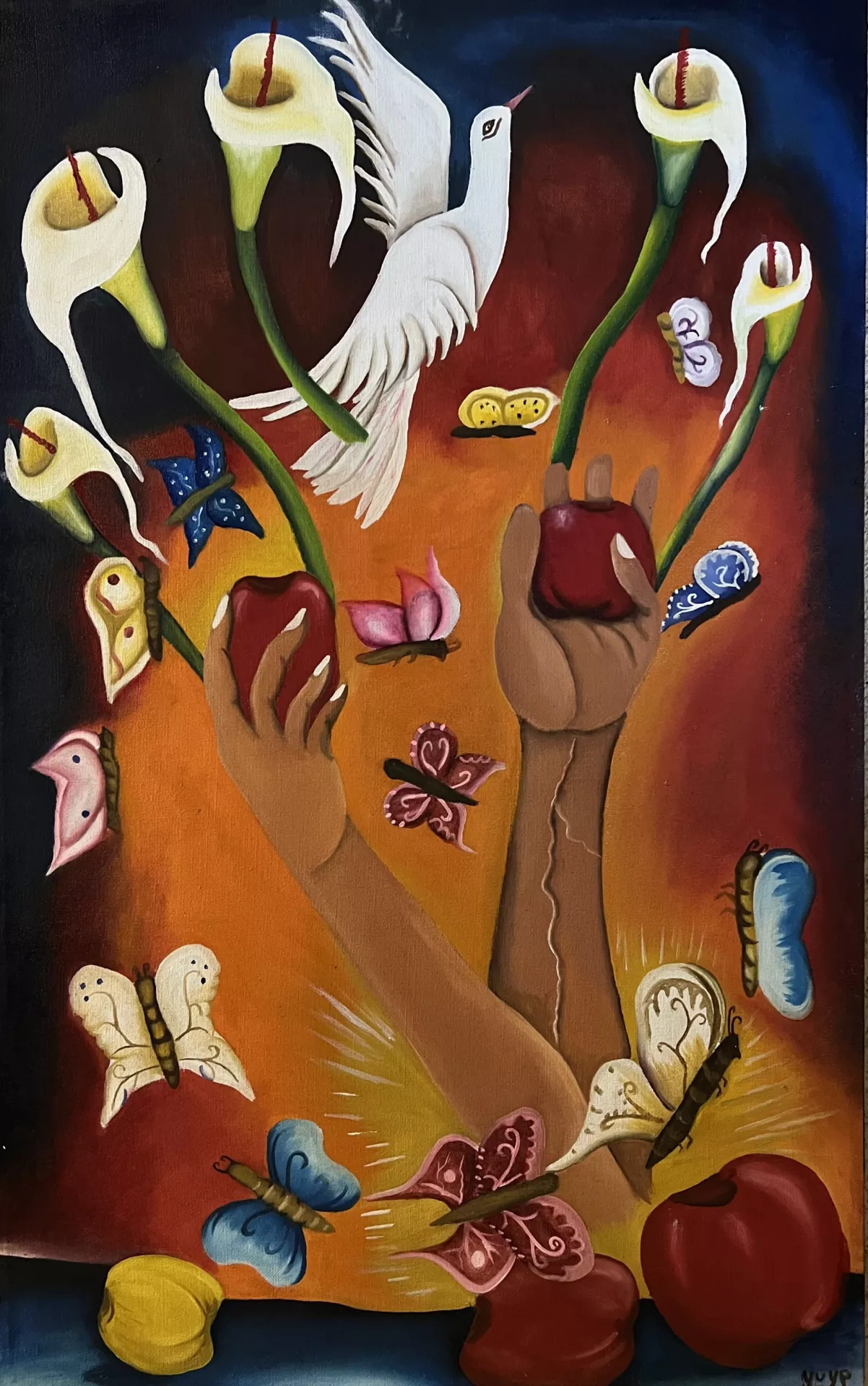 Santa Obdulia Hernandez Manos de Libertad (Hands of Liberty), 2022  Oils on canvas. Size: 20”x30”  The artist describes the piece as forgetting her limitation and becoming as free as the wind. Two brown feminine arms burst from golden rays and they are reaching up holding red apples. From behind the apples green stems become white calla lilies. A white dove flies straight up a different types of colored butterflies flutter about the scene.