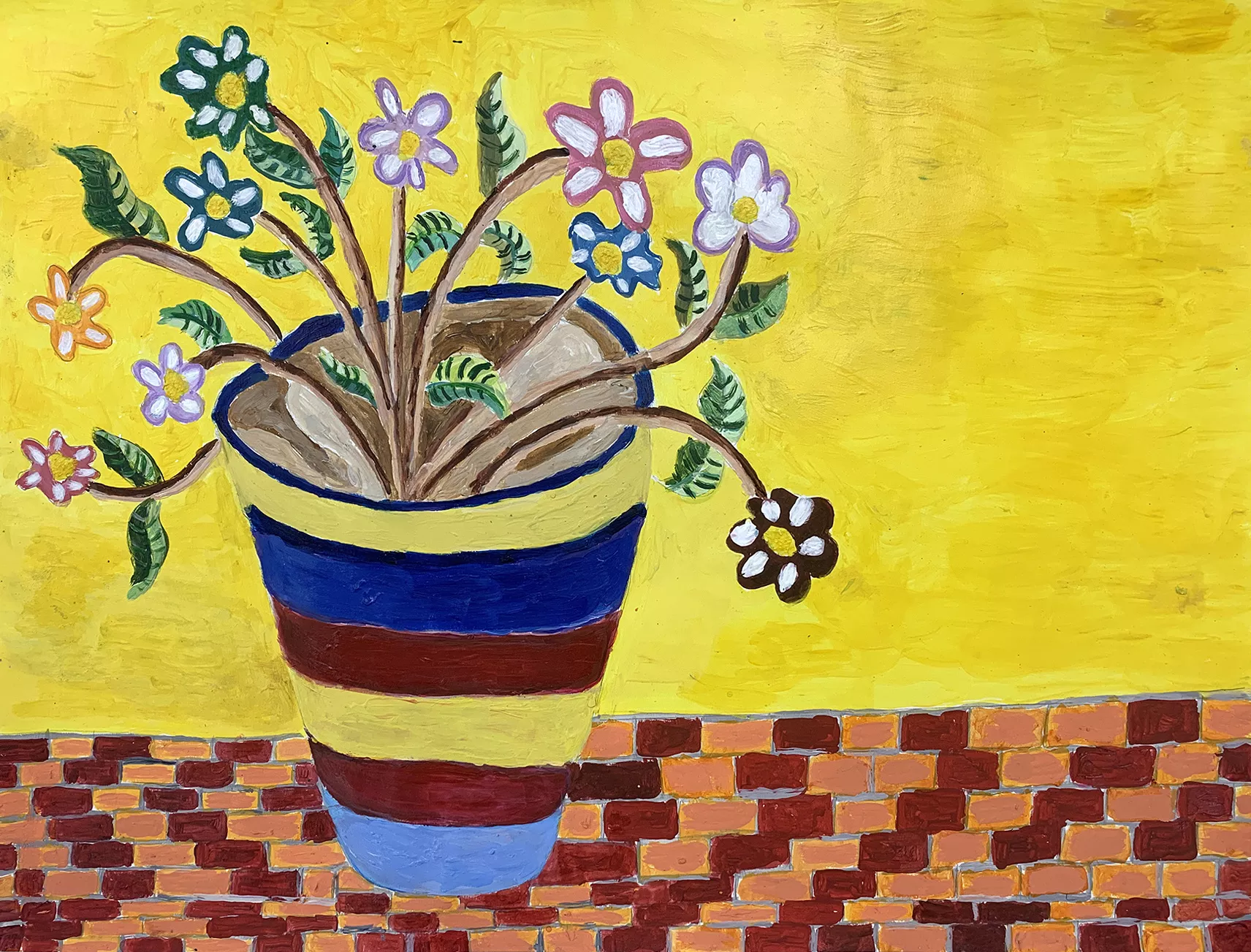 Vicente Siso Los Flores con le Pot, 2021 In this painting ten differently colored flowers on ten long stems have emerged from a boldly striped pot. The pot rests on an orange and red patterned surface. In the background, behind the flowers and the pot, is an expanse of golden yellow giving this scene a sunny feel.  Acrylic on paper, 18” x24”