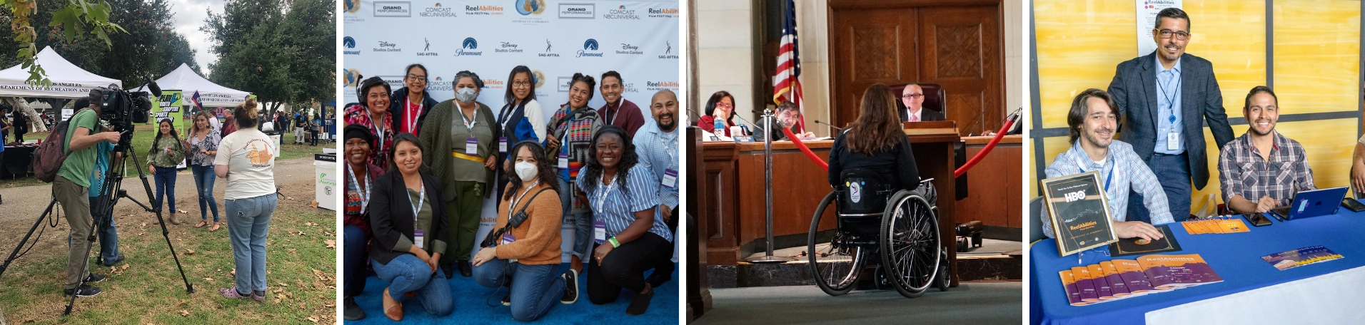 Four images group together, from left to right. First image: Two people getting interviewed on camera for a news segment at the 2022 Deaf latinos y familias event. Second photo: A group photo of Department on Disability staff and volunteers at the ReelAbilities Film Festival. Third image: A person using a wheelchair speaking in front of the LA City Commission on Disability. Fourth image: Department on Disability staff at an information table.