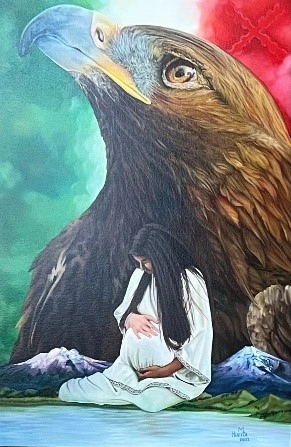 A heavily pregnant woman in a white gown holds her belly while seated and looking into a pool of water. The profile of a large brown eagle’s head fills the canvas behind the woman. The background contains two distant mountains, and vertical stripes of green, white, and red.