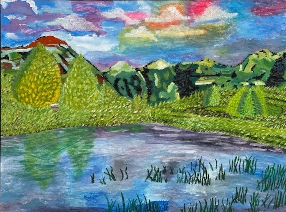 A rolling landscape of a lake, fields and hills with a blue sky filled with clouds touched with pinks, oranges and purples in a vivid, visual symphony, orchestrating a rich spectrum of painting techniques and in manipulation of value and expressive marks.
