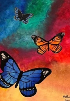 In a sky of saturated blue, green, red, and orange, three butterflies fly away. The closest and largest butterfly is blue, the orange butterfly is smaller and further away, and the last butterfly is the smallest as it is farthest from the viewer. 