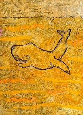 A drawing of a whale on a textured transparent yellow film over a collage of newsprint clips.