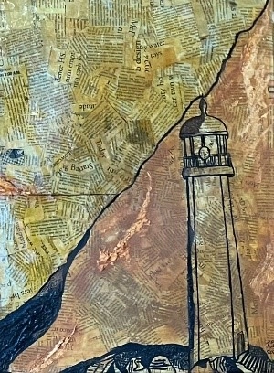 A lighthouse is in front of a sloping landscape. The image is on a textured collage of newsprint clips.