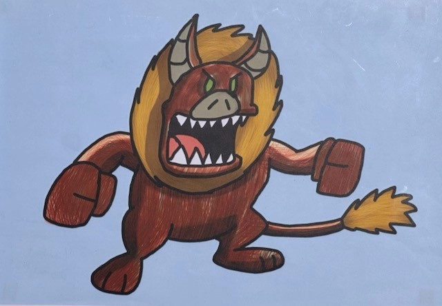 On a light blue background a fierce lion bat hybrid creature stands on its hind legs roaring out. It is brown with a golden mane and furry tipped tail. Its bat head displays its jagged white teeth.